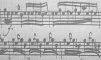 Repeated notes shown as interlocking groupings, thus suggesting their independence - autograph score