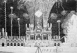 Contemporary drawing of the machine ablaze during the Royal Fireworks