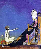 Scheherazade spins her tales, from a print by Kay Nielsen