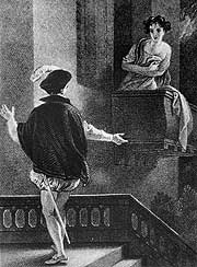 The balcony love scene (contemporaneous engraving)