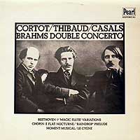 Pablo Casals and Jacques Thibaud play the Double Concerto, Alfred Cortot conducting (Pearl LP cover)