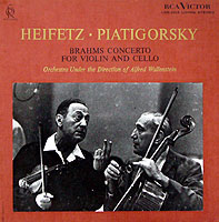 Jascha Heifetz and Gregor Piatigorsky play the Double Concerto, Alfred Wallenstein conducting (RCA Soria LP cover)