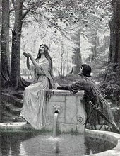 Mélisande and Pelléas at a fountain – painting by Edmund Leighton